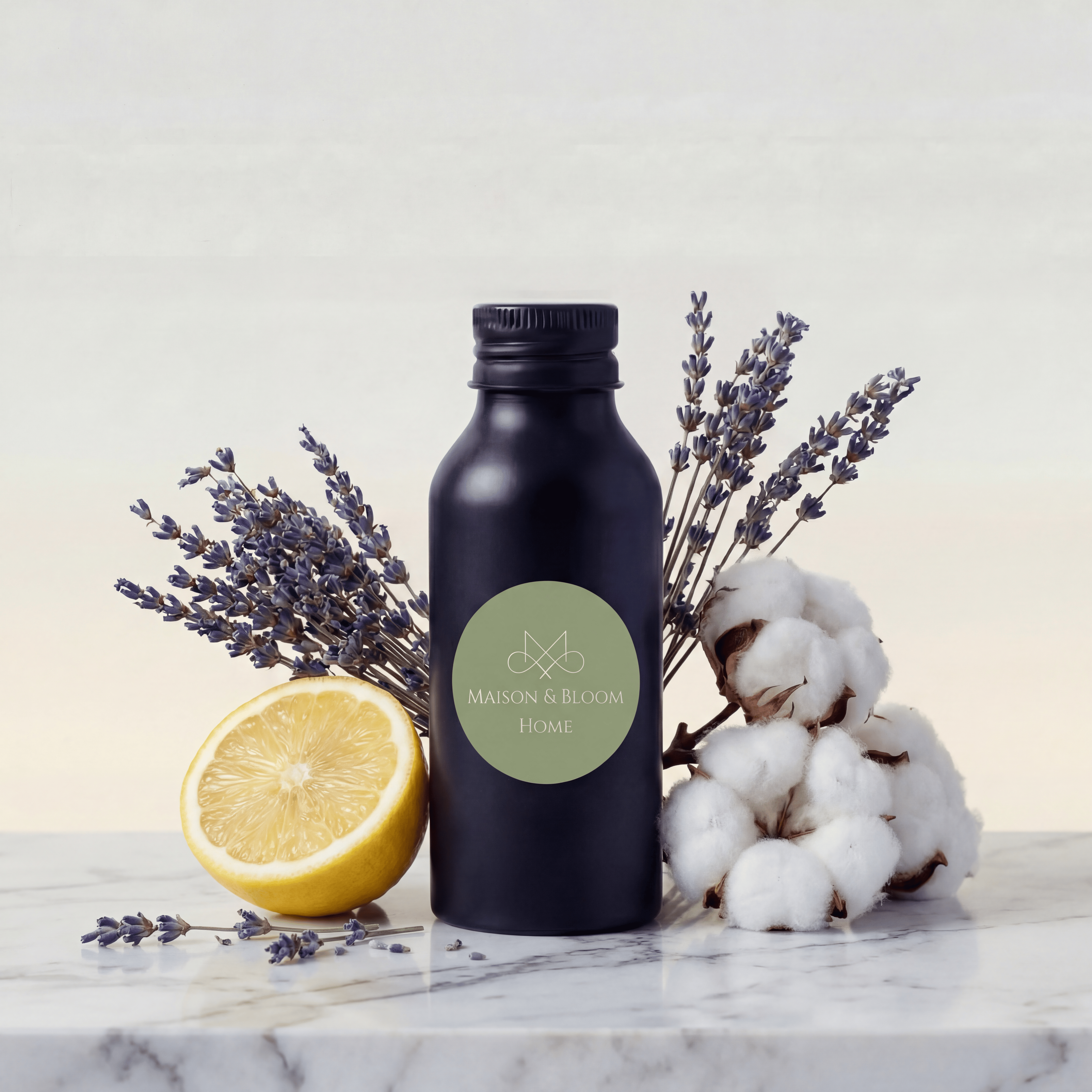 A black bottle with Maison & Bloom label, surrounded by lavender, cotton, and a lemon half on marble.
