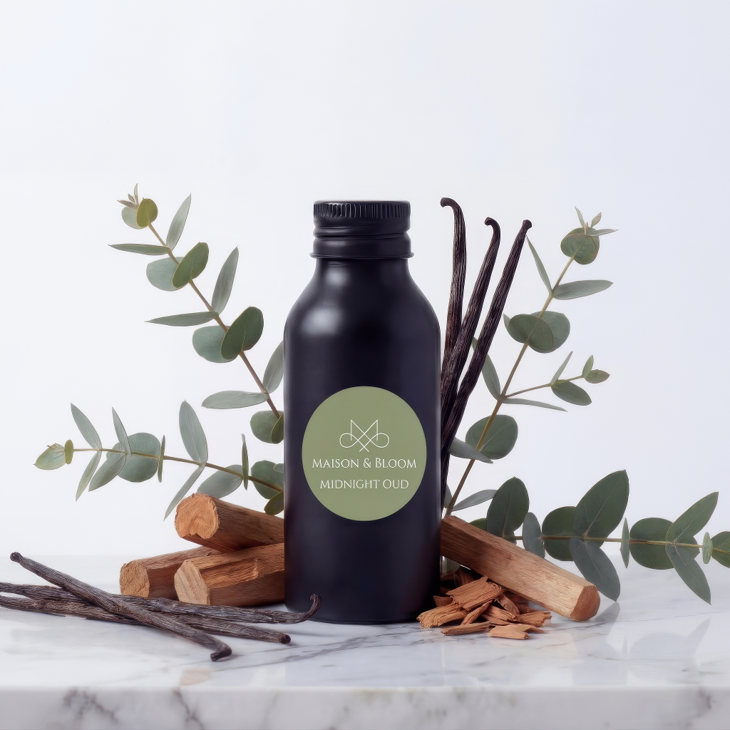 Matte black Midnight Oud diffuser bottle with wood, vanilla pods, and eucalyptus leaves on marble.