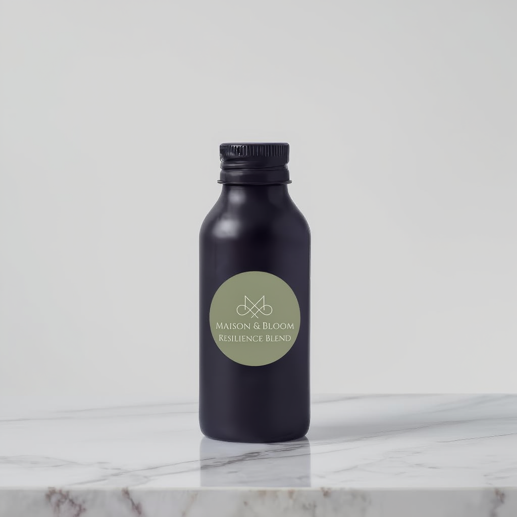Matte black bottle labeled Resilience Blend on marble surface, minimalist product photo