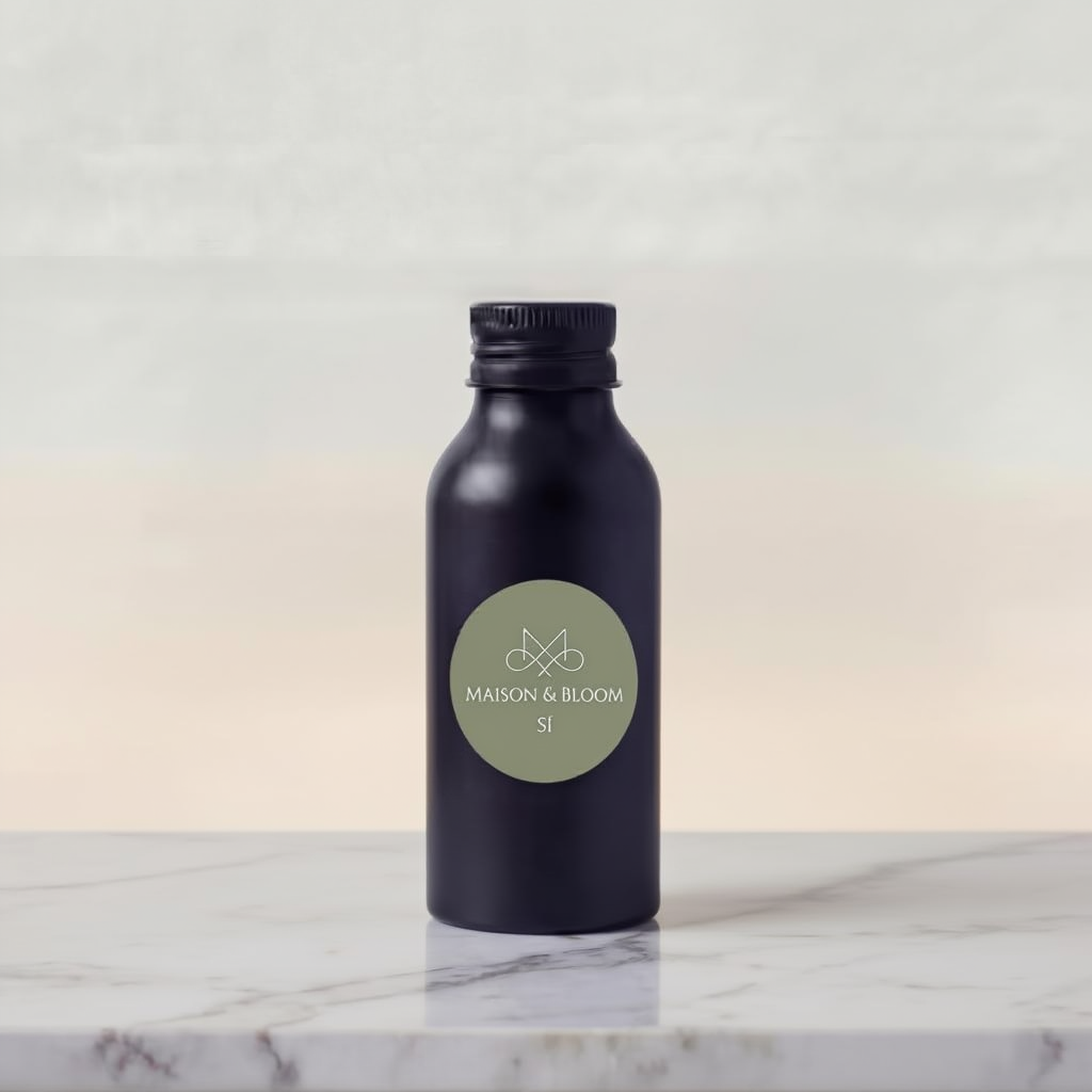 Matte black bottle with green label reading MAISON & BLOOM Si on marble countertop