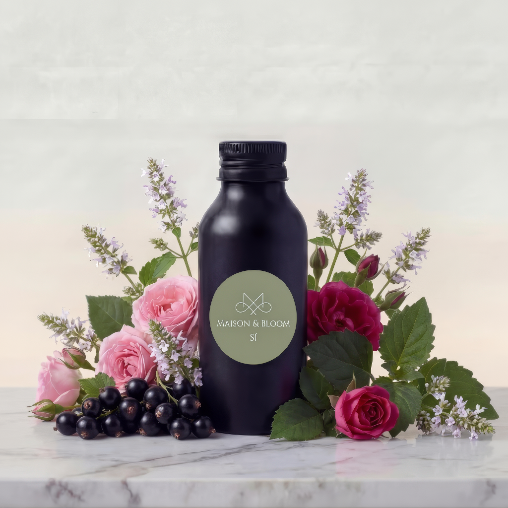 Black bottle with green label surrounded by blackcurrants, pink roses, and mint on marble