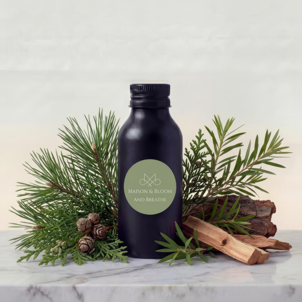 Black aromatherapy bottle labeled 'And Breathe' with pine, cedar, and wood accents on marble