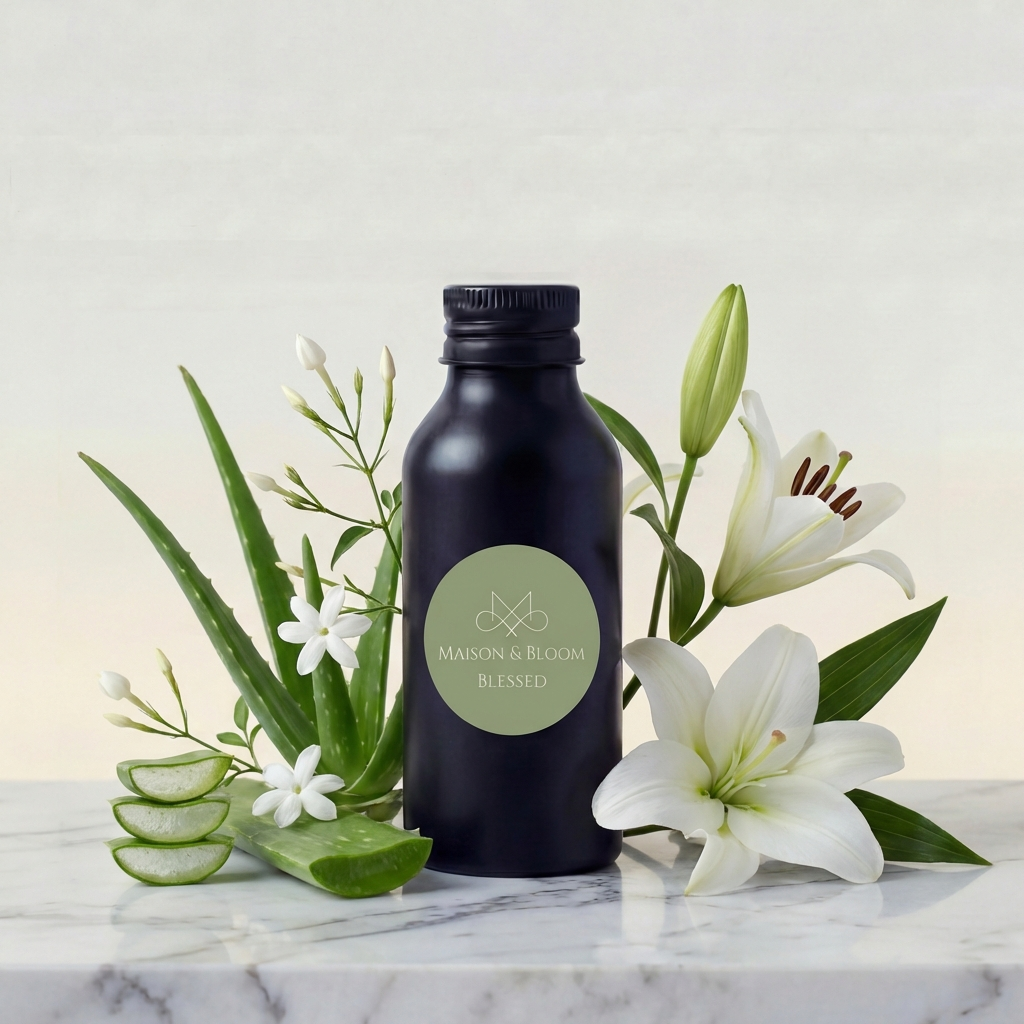 Black bottle labeled 'Blessed' with aloe, jasmine, and lily flowers on marble surface