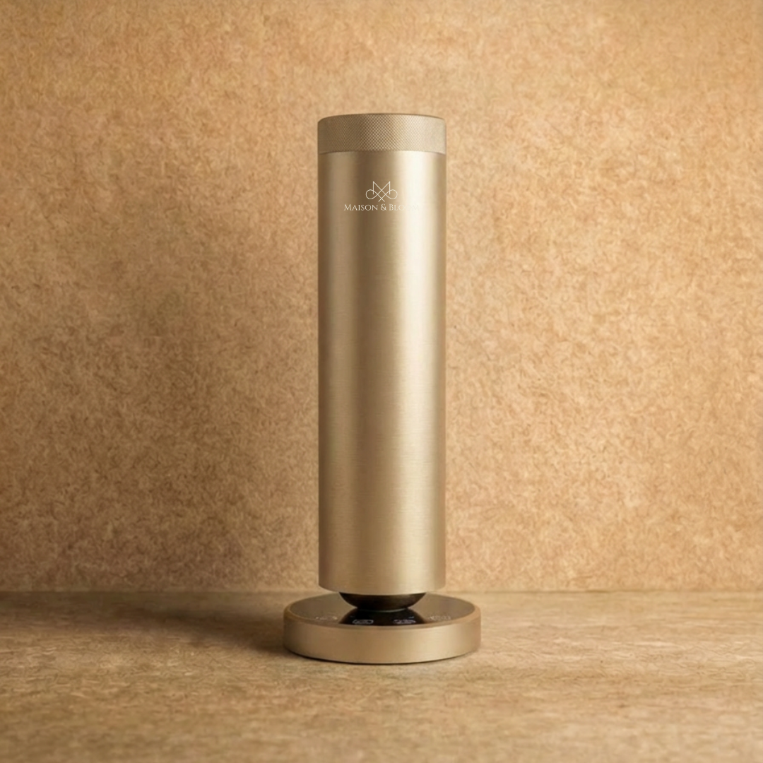 Modern gold essential oil diffuser with sleek cylindrical design on neutral background