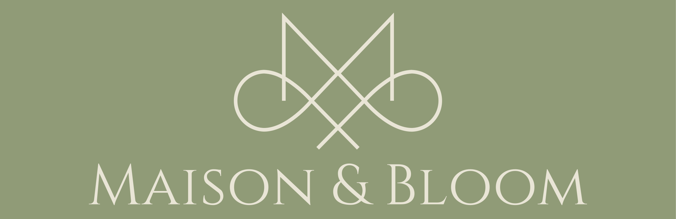 Minimalist beige Maison & Bloom logo on sage green background with elegant botanical motif