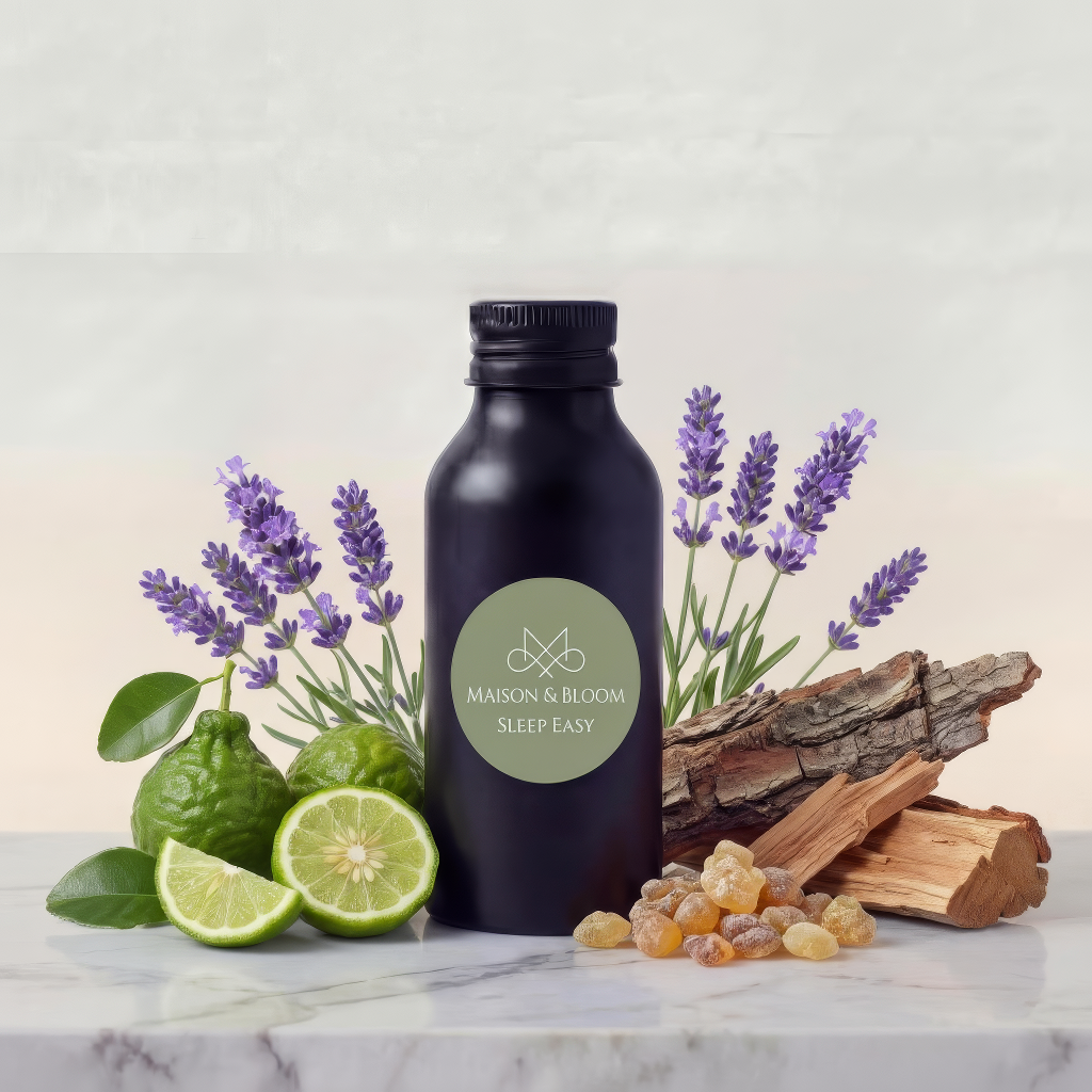 Black bottle labeled 'Sleep Easy' with lavender, bergamot, frankincense, and cedarwood on marble